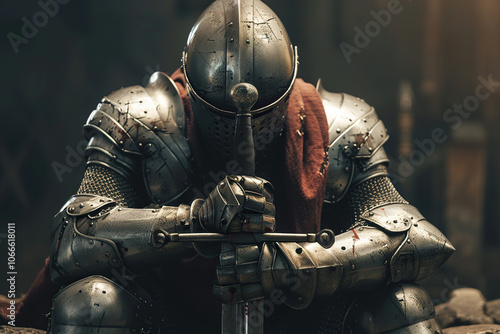 A fantastic royal knight in armor guards the castle chambers