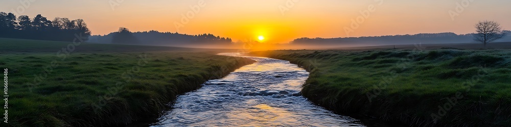 A serene river flowing through an open field at sunrise symbolizing unity and peaceful journeys A serene river flowing through an open field at sunrise symbolizing unity and peaceful journeys