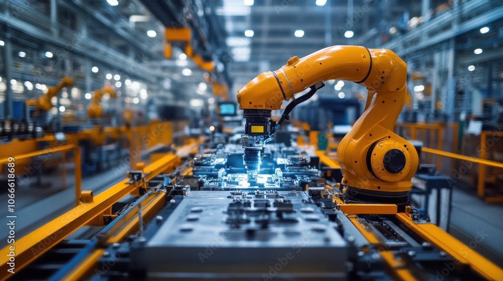 A lone worker on an assembly line is checking parts for accuracy with quality control equipment. A lone worker on an assembly line is checking parts for accuracy with quality control equipment.