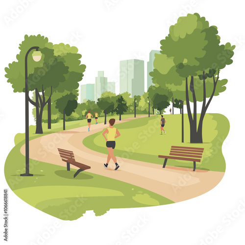 People jogging in the city park. Vector illustration in flat style 