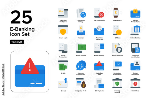 E-Banking Flat Icon Set: Financial Access, Mobile Banking, and Online Services Icons
