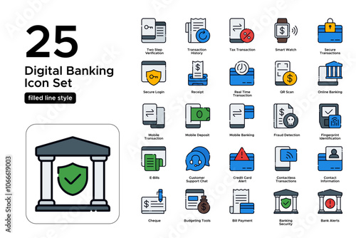 Digital Banking Filled Line Icon Set: E-Banking, Online Finance, and Digital Transactions Icons