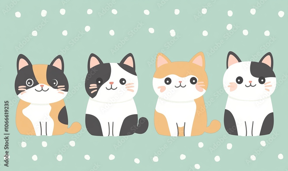 Cartoon Cats in Vibrant Colors with a Muted Turquoise Background Cartoon Cats in Vibrant Colors with a Muted Turquoise Background