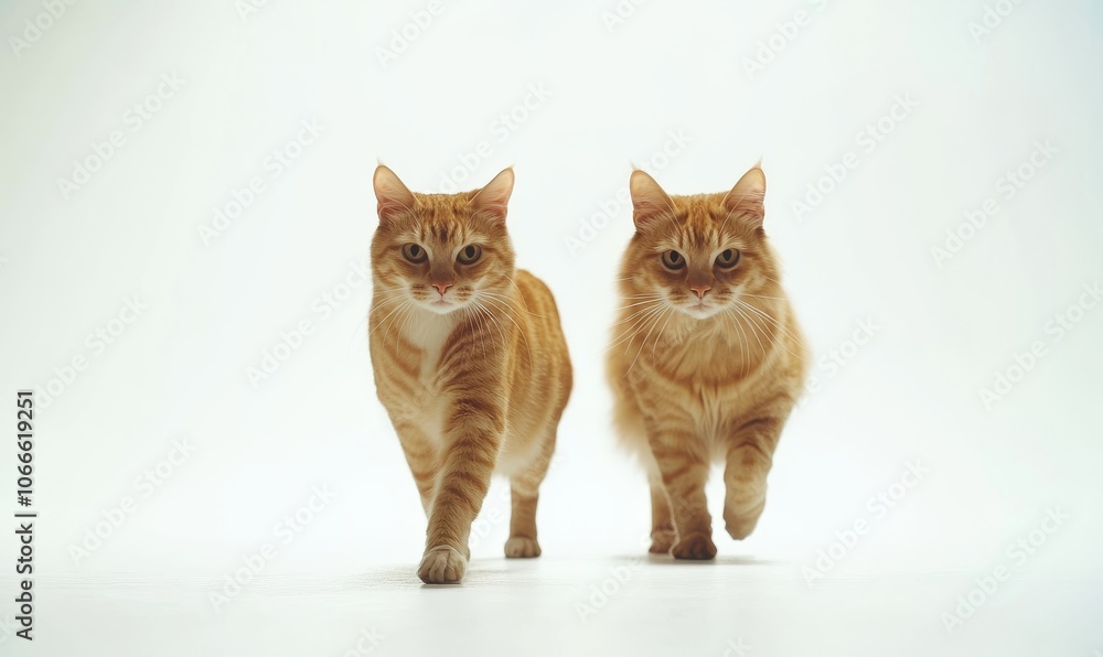 There are two orange cats walking on a white surface together There are two orange cats walking on a white surface together