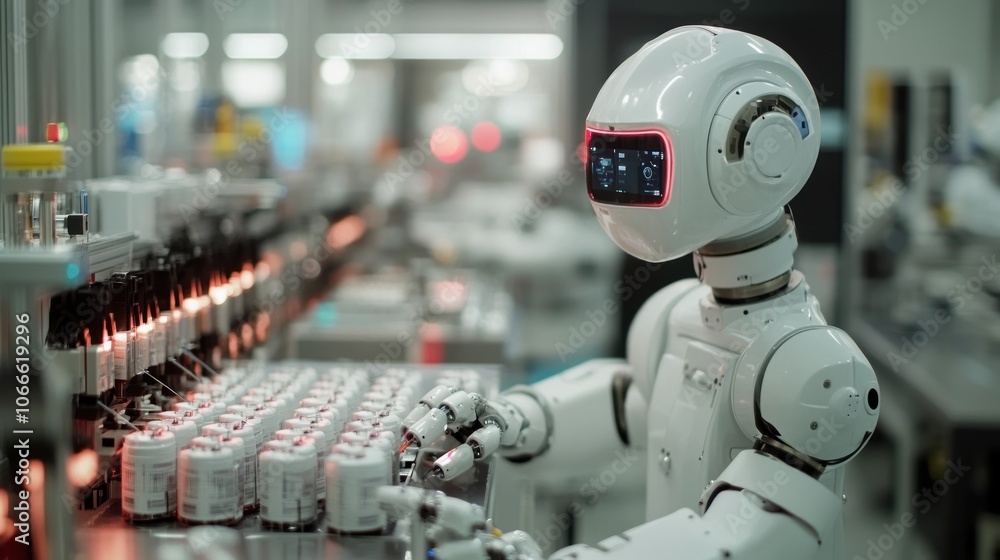 Close-up of robots inspecting products on a production line using cameras and AI sensors for real-time processing