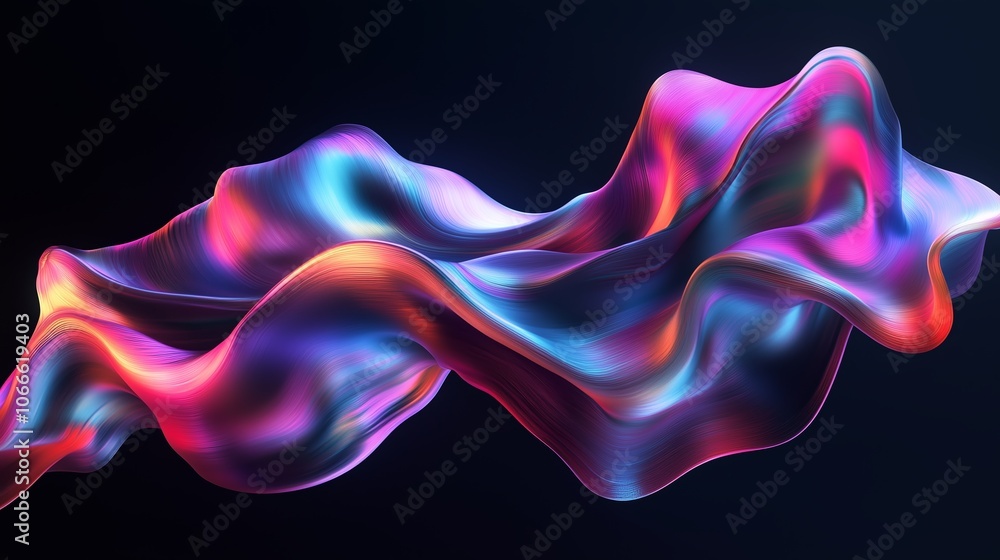 Colorful fluid abstract shape with dynamic movement and smooth curves illuminated in vibrant hues against a dark background Colorful fluid abstract shape with dynamic movement and smooth curves illuminated in vibrant hues against a dark background