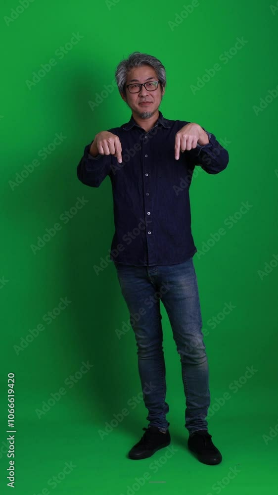 A vertical shot of a senior Asian man standing against a green background. A vertical shot of a senior Asian man standing against a green background.