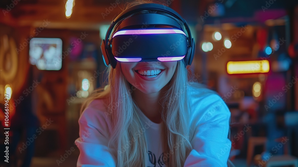 Smilling beautiful blonde woman playing a video game with a virtual reality headset, excited and enjoy Smilling beautiful blonde woman playing a video game with a virtual reality headset, excited and enjoy