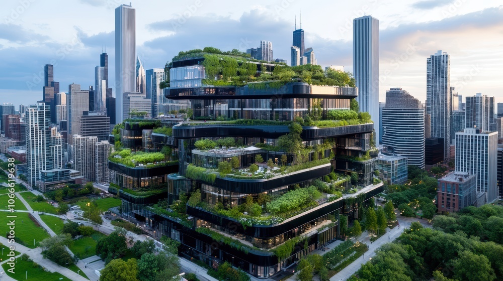 Obraz premium Vibrant urban landscapes featuring green roofs and vertical gardens for sustainable living
