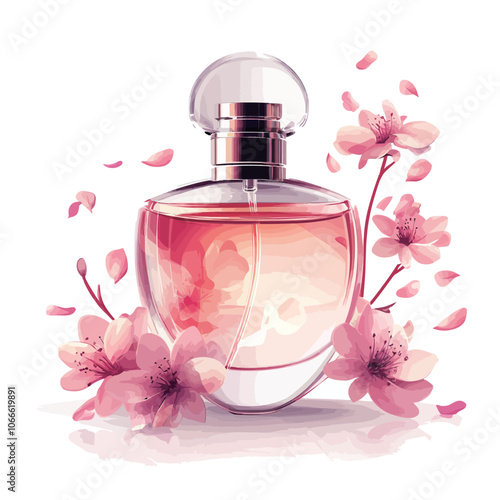 Perfume bottle with pink sakura flowers on a white background 