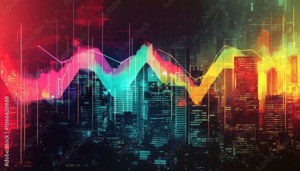 A futuristic cityscape with neon lights and data streams, overlaid with a vibrant abstract line graph. A futuristic cityscape with neon lights and data streams, overlaid with a vibrant abstract line graph.