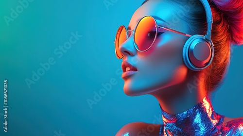 Technologically advanced asian woman wearing colorful shiny costume with sunglasess and headphone photo