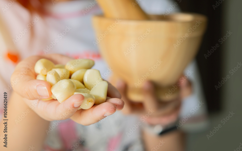 Wooden mortar with garlic and a pestle on woman hands holding, selective focus. Wooden mortar with garlic and a pestle on woman hands holding, selective focus.