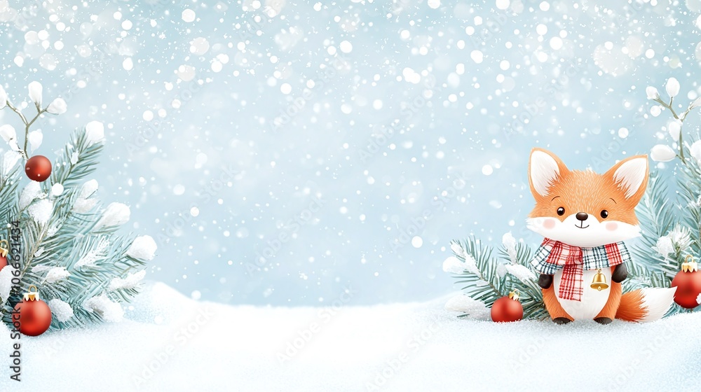 A cute fox in a scarf sits among snowflakes, holiday decorations, and evergreen branches, creating a whimsical winter scene. A cute fox in a scarf sits among snowflakes, holiday decorations, and evergreen branches, creating a whimsical winter scene.