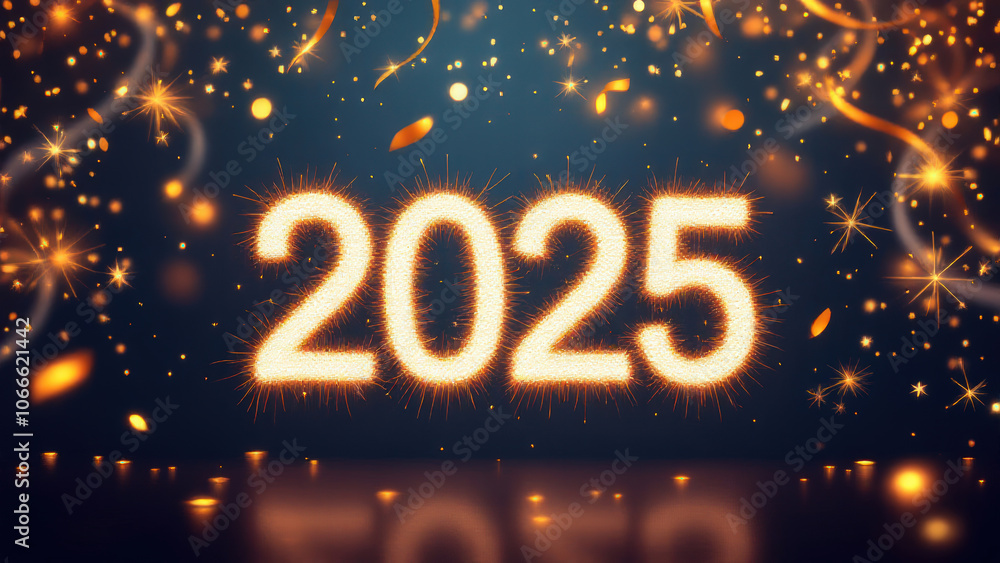 Sparkling 2025 celebration with golden confetti and festive lights Sparkling 2025 celebration with golden confetti and festive lights