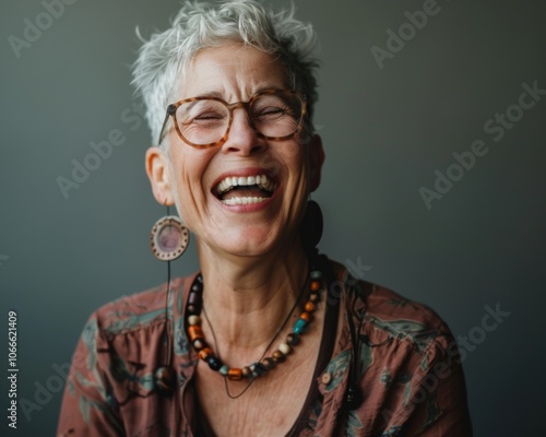 In a spontaneous burst of laughter, a middle-aged individual radiates joy and authenticity, showcasing a lively personality in a warm indoor setting.