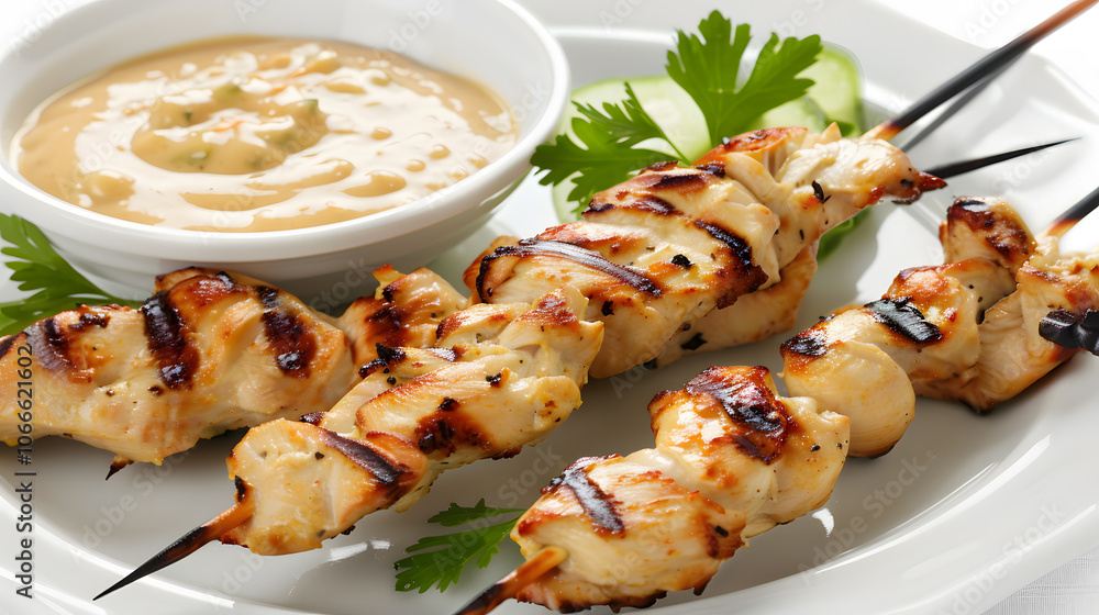 Grilled food, Skewersof grilled chicken satay with peanut sauce spicy Grilled food, Skewersof grilled chicken satay with peanut sauce spicy