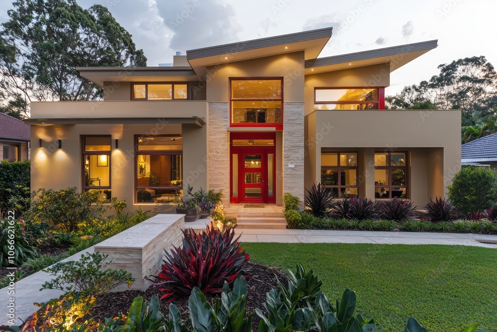 Sydney home in beige with scarlet highlights and a lush front yard. Sydney home in beige with scarlet highlights and a lush front yard.