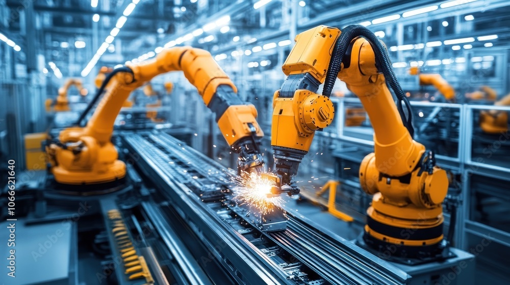 Fototapeta premium Large industrial robots are welding metal in a modern car factory
