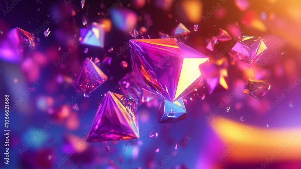 Vibrant abstract display of floating purple crystals reflecting light in a colorful cosmic background Vibrant abstract display of floating purple crystals reflecting light in a colorful cosmic background