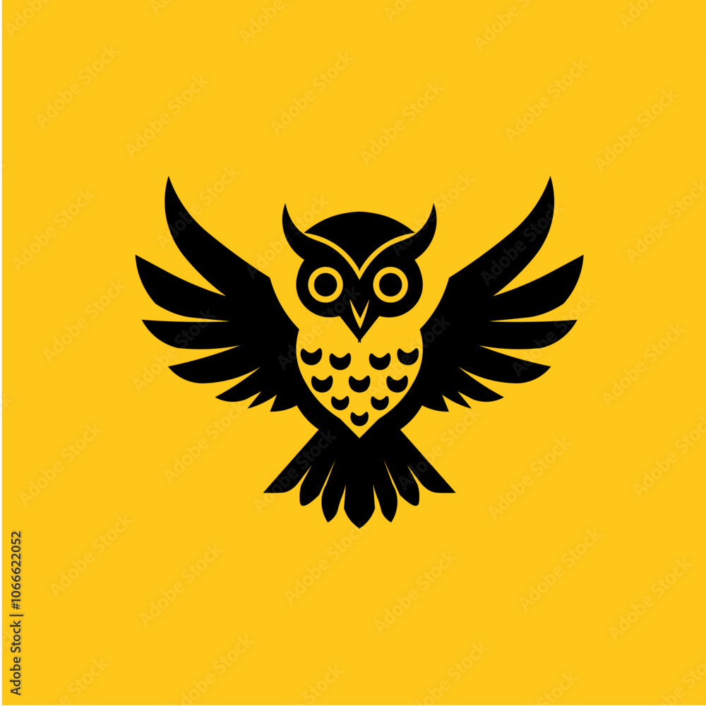 Fototapeta premium Black Owl Minimalist Yellow Background Logo