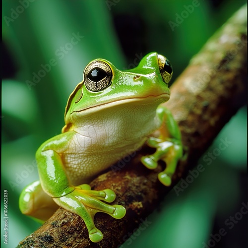 Green Tree Frog Close Up: Vibrant Amphibian in Tropical Rainforest photo