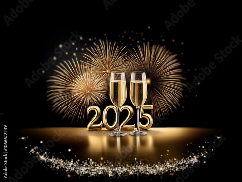 Two champagne flutes filled with golden liquid sit in front of a sparkling gold "2025" with fireworks exploding in the background.