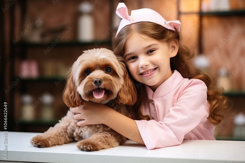 Portrait of a cute little girl with her dog at home. Portrait of a cute little girl with her dog at home.