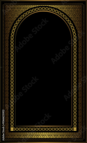 Muslim prayer rug, Islamic decor door examples. Ramadan feast greeting card.