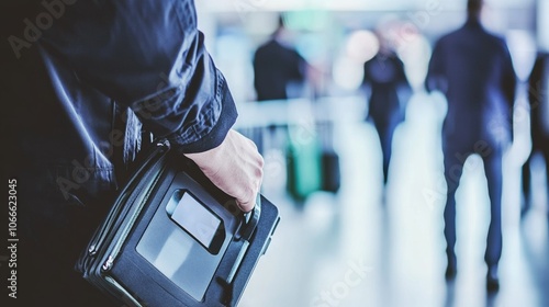 Security personnel in airport ensuring safe travel environment, vigilant officers monitoring checkpoints and maintaining order, emphasizing the importance of security in public transportation.