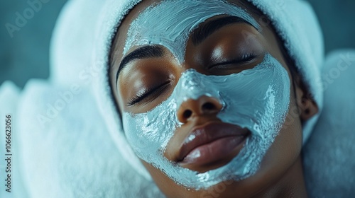 Spa black woman with a white face mask on. The woman is resting her head  photo