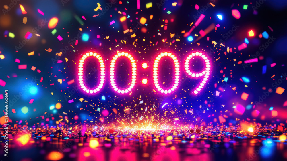 Colorful countdown timer with confetti and lights, creating excitement Colorful countdown timer with confetti and lights, creating excitement