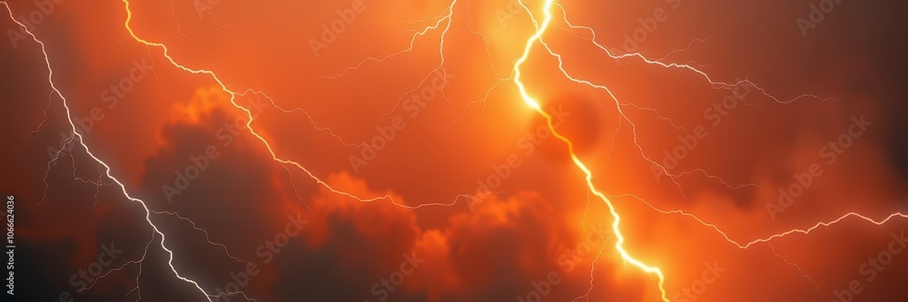 A bright bolt of lightning streaks through the orange sky during a summer thunderstorm A bright bolt of lightning streaks through the orange sky during a summer thunderstorm