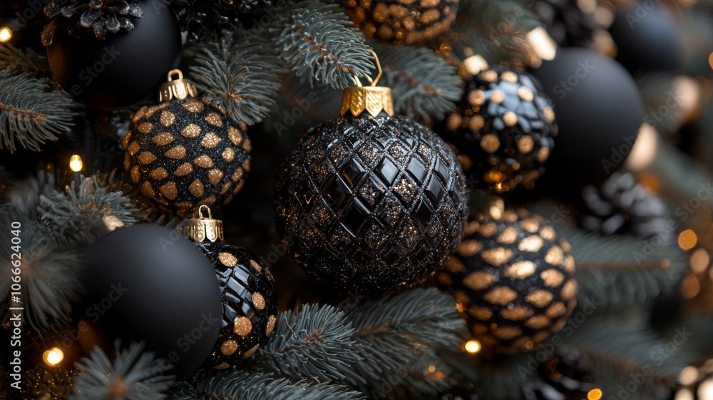 Black and Gold Christmas Ornaments on a Christmas Tree Black and Gold Christmas Ornaments on a Christmas Tree