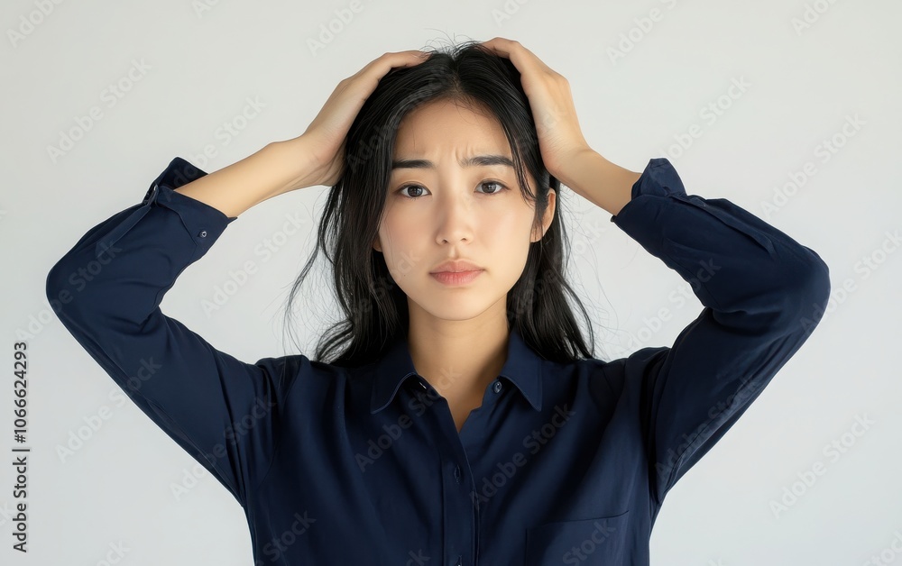 A portrait photograph of an Asian woman wearing a navy blue shirt, holding her head with both hands while looking directly at the camera. A portrait photograph of an Asian woman wearing a navy blue shirt, holding her head with both hands while looking directly at the camera.