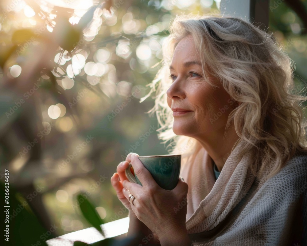 Enjoying a moment of tranquility, a mature woman relaxes on her balcony, sipping tea as soft sunlight filters through trees, casting gentle shadows around her. Enjoying a moment of tranquility, a mature woman relaxes on her balcony, sipping tea as soft sunlight filters through trees, casting gentle shadows around her.