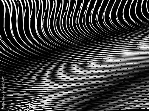 Abstract art geometric background with shiny abstract 3d black and white stripes pattern. Black and white optical illusion with waves and transitions.