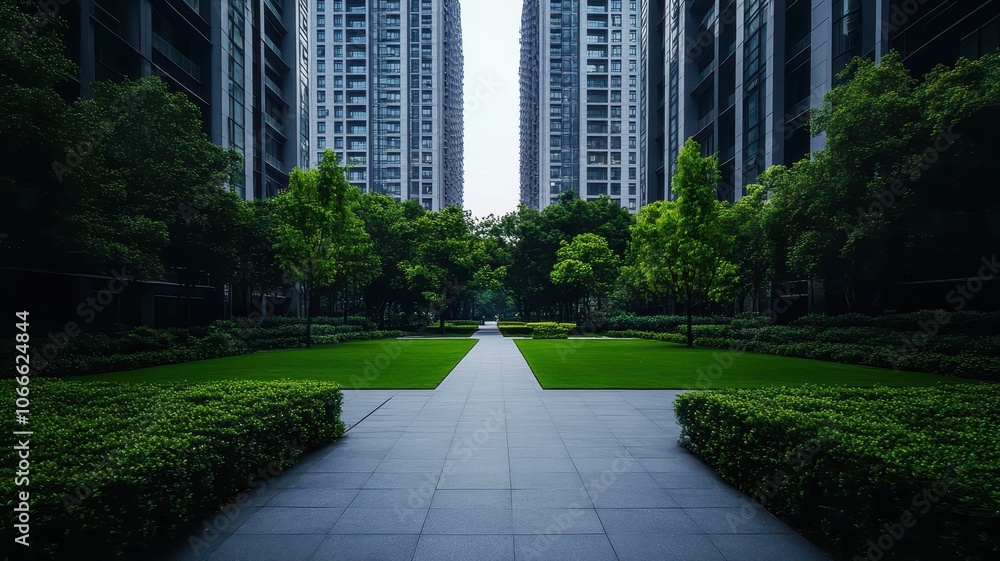 Modern urban park with lush green space nestled among towering high-rise buildings in a bustling city. Modern urban park with lush green space nestled among towering high-rise buildings in a bustling city.