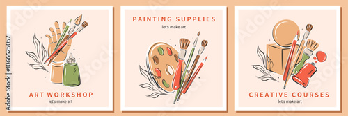 Creative courses, Art school. Set card with art supplies, creative hobby accessories. Collection of painting related icons, various painting tools. Vector illustration for banner, cover, advertisement