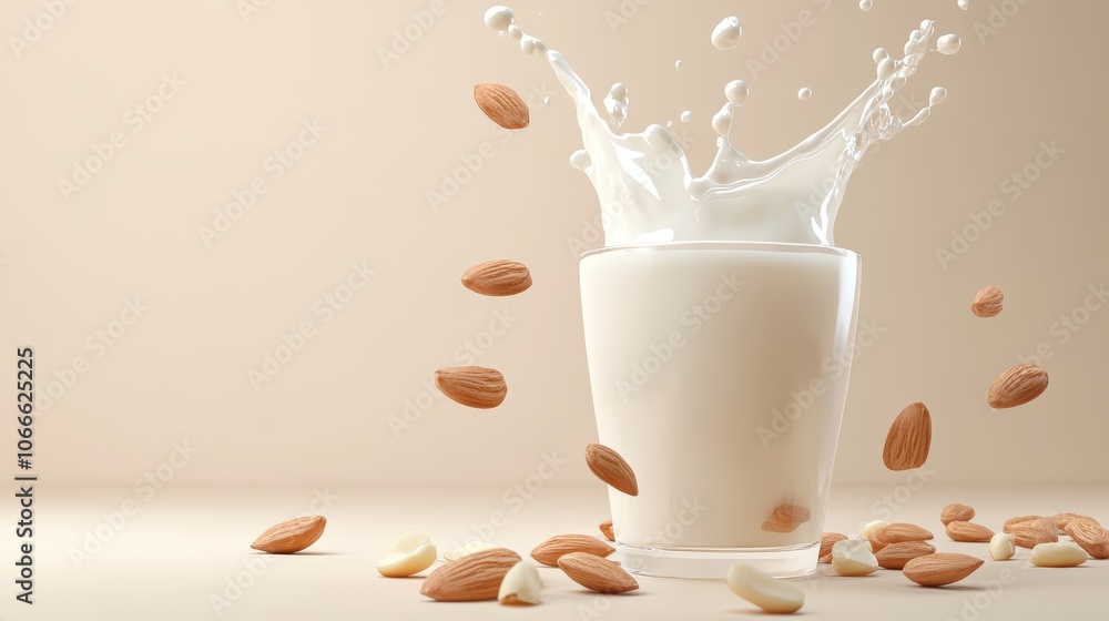 Almond Milk Splashing in Glass with Almonds Almond Milk Splashing in Glass with Almonds