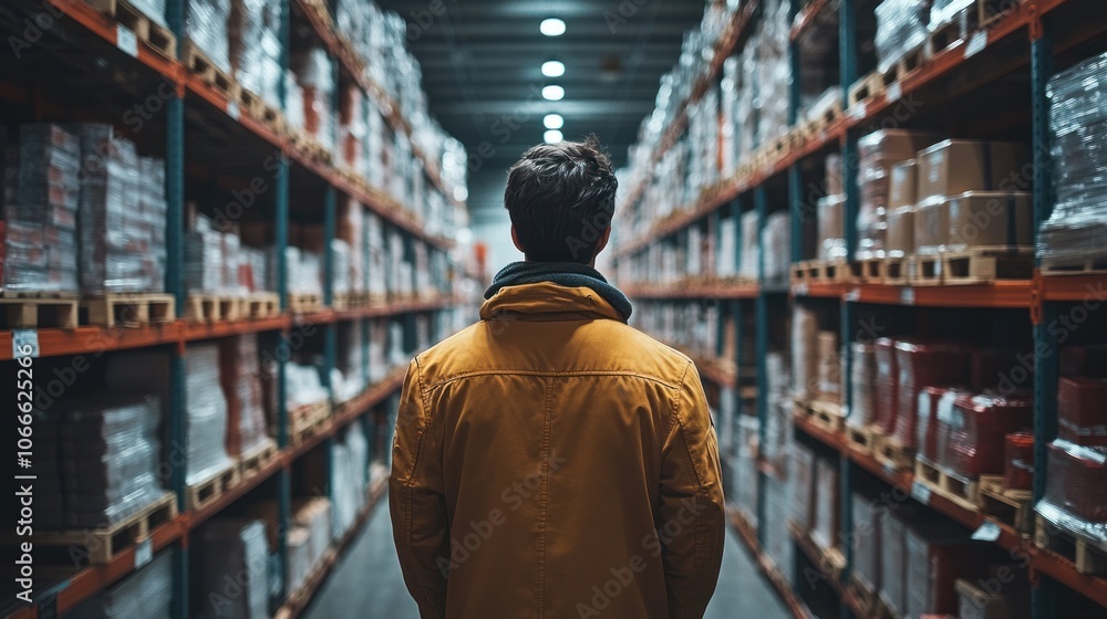 Image of a worker standing between tall shelves in a warehouse with systematically stored goods.