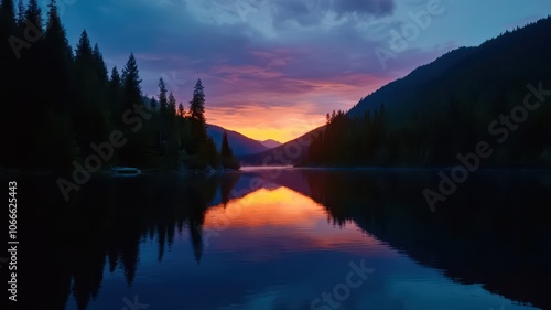 Serene Sunrise Over a Calm Lake Framed by Lush Green Trees