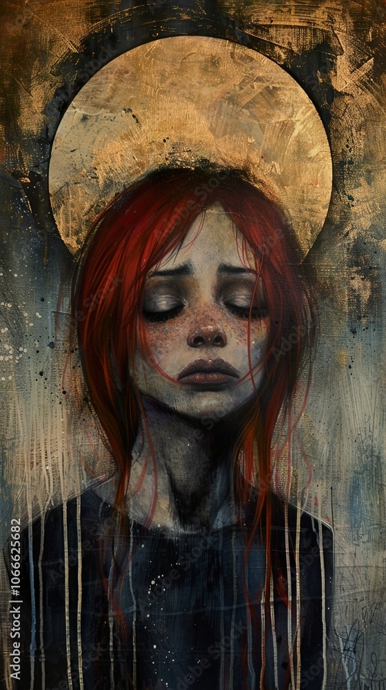 Melancholy Portrait of a Woman with Red Hair and a Golden Halo Melancholy Portrait of a Woman with Red Hair and a Golden Halo