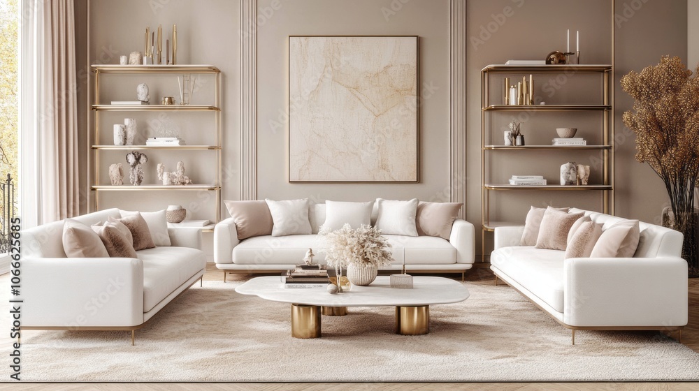 Modern Living Room with White Sofas, Gold Accents, and Beige Rug Modern Living Room with White Sofas, Gold Accents, and Beige Rug