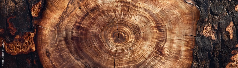 Naklejka premium Close-up of a tree trunk's cross-section revealing concentric growth rings and a detailed texture