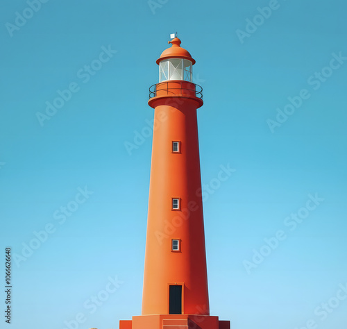 Orange lighthouse in minimalist style against bright blue sky.