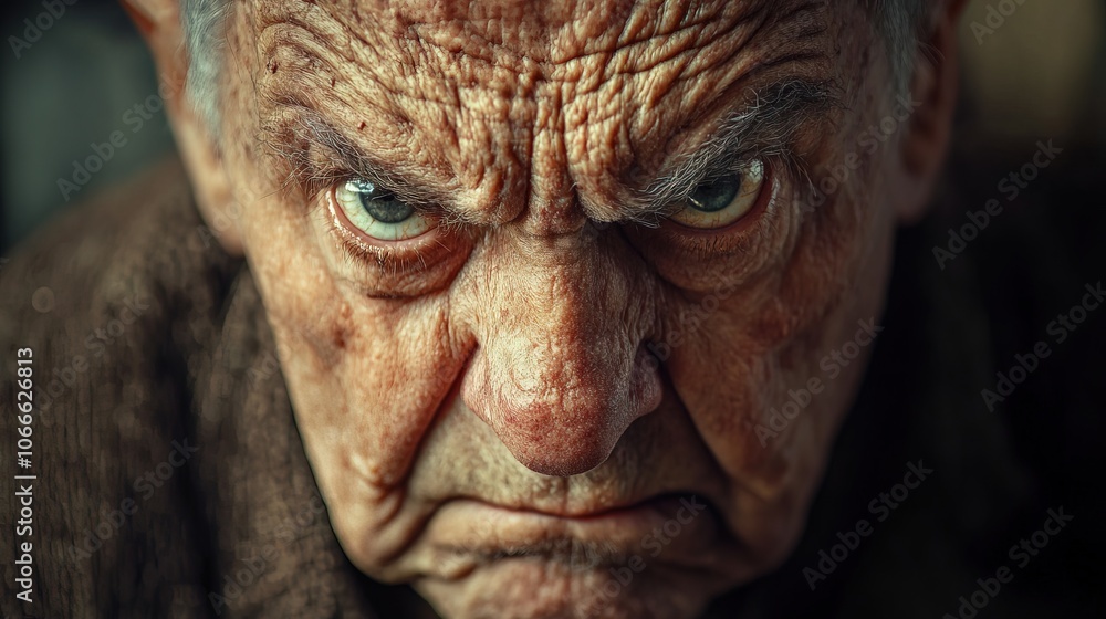 Angry expression of older man with wrinkled skin Angry expression of older man with wrinkled skin