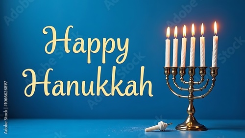 Happy Hanukkah words, blue lamp, blue background