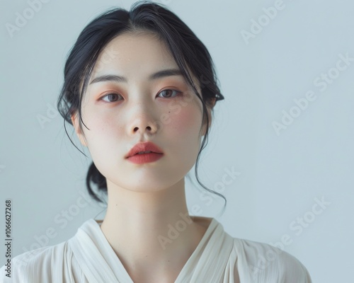 With a calm demeanor, a beautiful Asian woman showcases her natural beauty and elegant style, framed by a clean, abstract white background that enhances her allure.