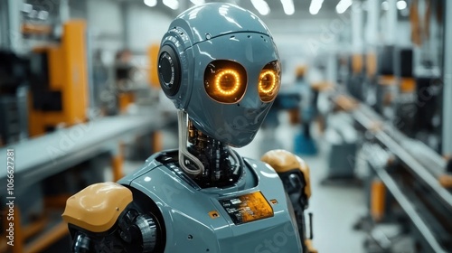 Intelligent robots work alongside humans on a modern industrial production line full of automated machinery photo